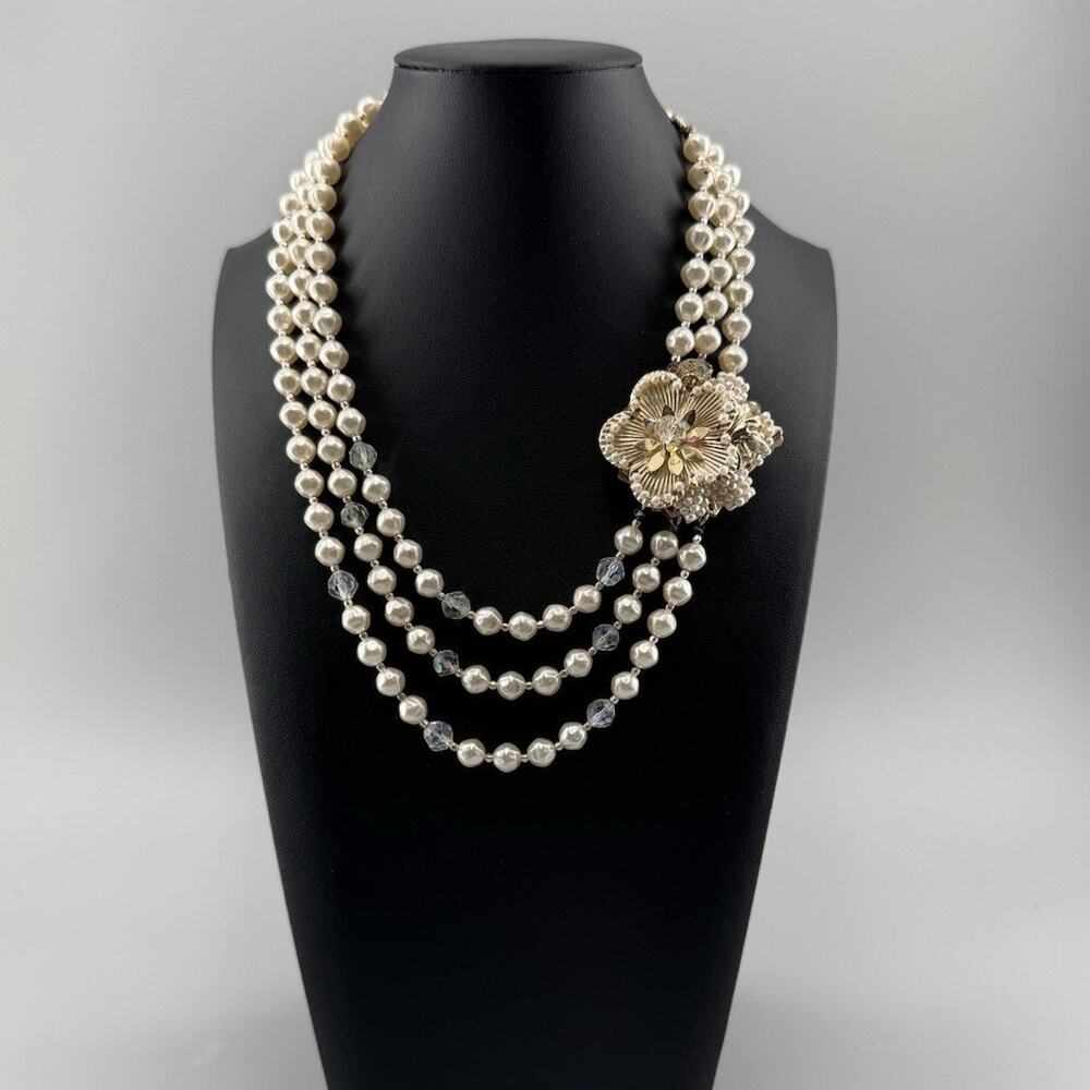 Vintage Japan Triple Strand Faux Pearl Necklace AB Crystal Floral Gold Tone